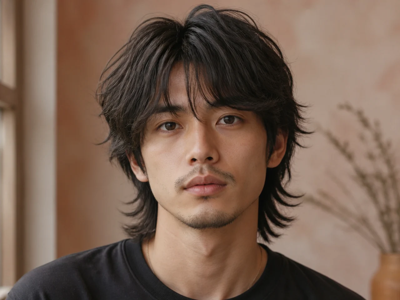 Medium-length wolf cut on straight brown hair falling between four and five inches with layered mid-lengths