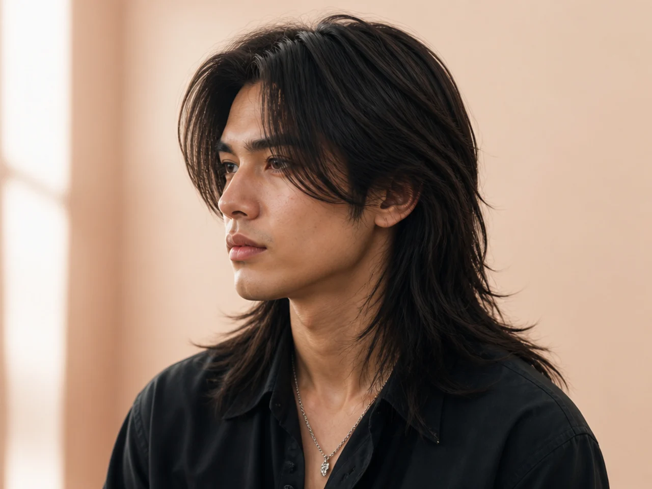 Long wolf cut on straight hair with six-inch top layers and shoulder-brushing nape length