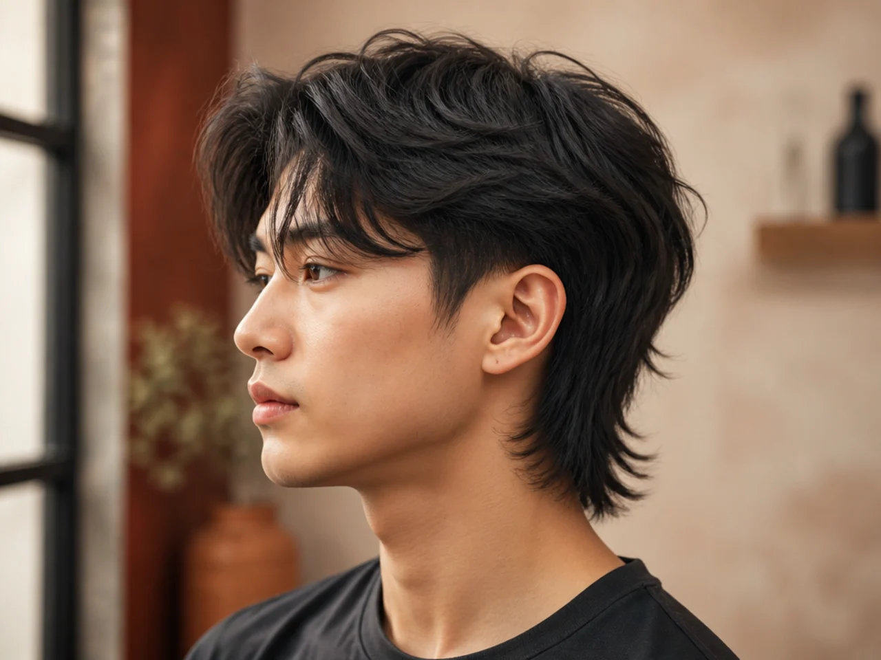 Two-block wolf cut on straight hair with a hidden undercut and layered top falling over the disconnect