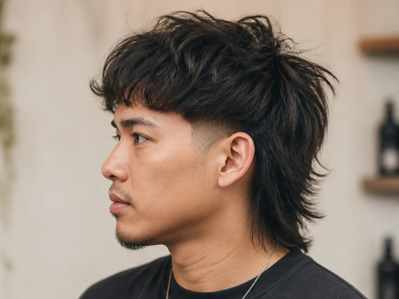 Wolf cut with burst fade on straight hair, arc curving around the ear beneath layered top mass
