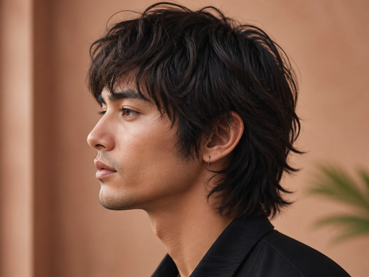 Textured wolf cut on straight dark hair with heavy point-cutting and piecey layer separation