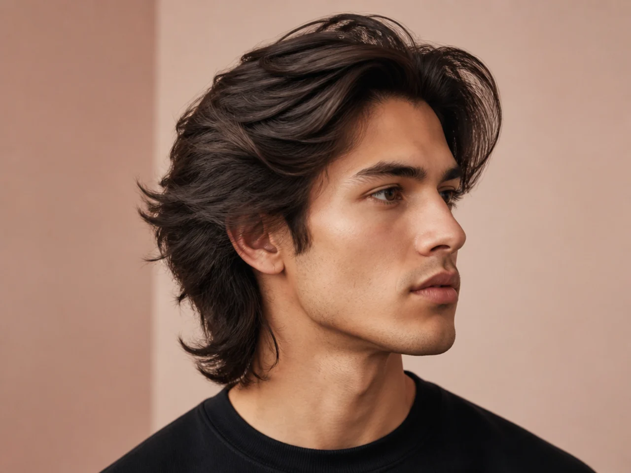 Volume blowout wolf cut on straight hair with lifted crown, swept-back top layers, and layered nape