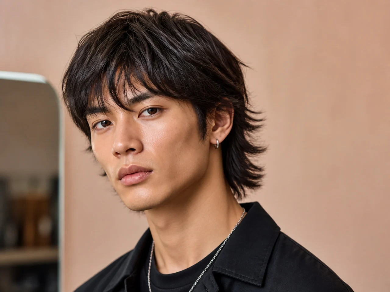 Blunt-cut wolf cut on straight black hair with defined thick edges and precision face-framing pieces