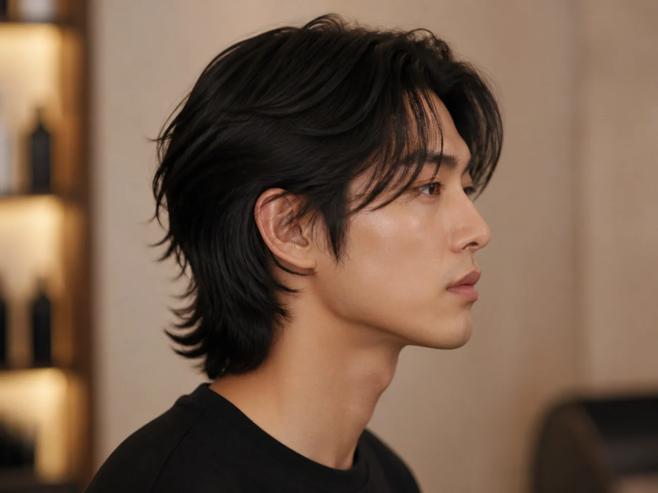 Sleek polished wolf cut on glossy straight dark hair with smooth crown layers and defined shape
