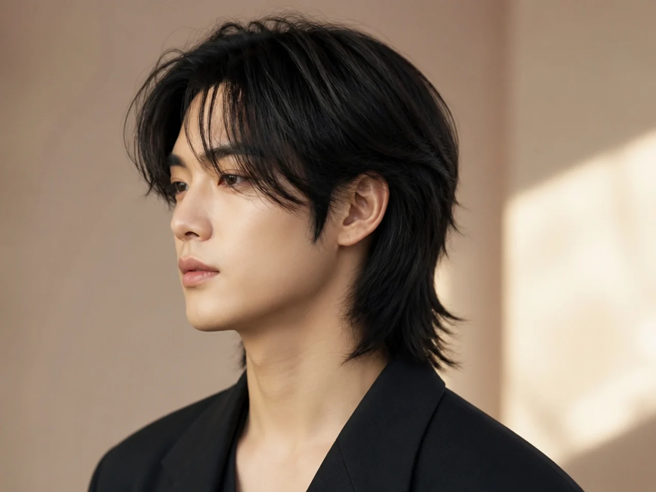 Korean wolf cut on a young Asian man with straight hair, forward fringe over the brow, and softly rounded layers