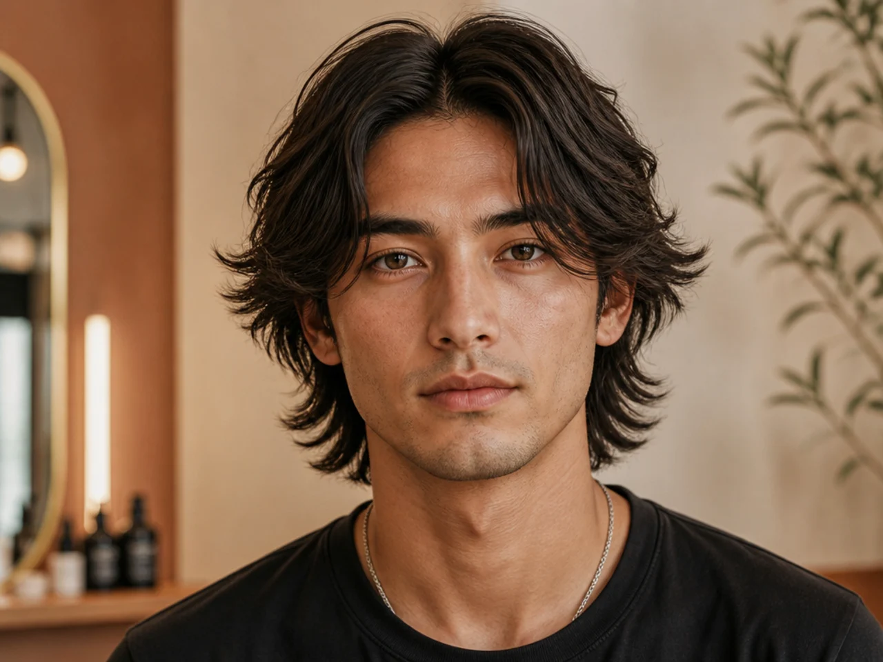 Middle part wolf cut on straight brown hair falling in two symmetrical panels from a center part