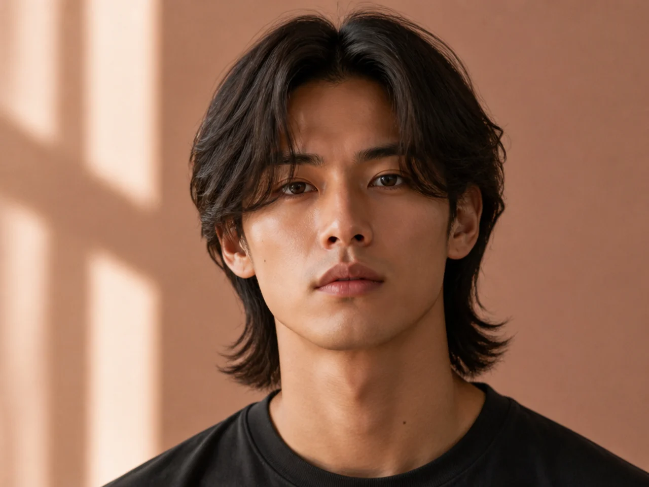 Wolf cut with curtain fringe on straight hair, two soft panels parting at center and curling out at the temples