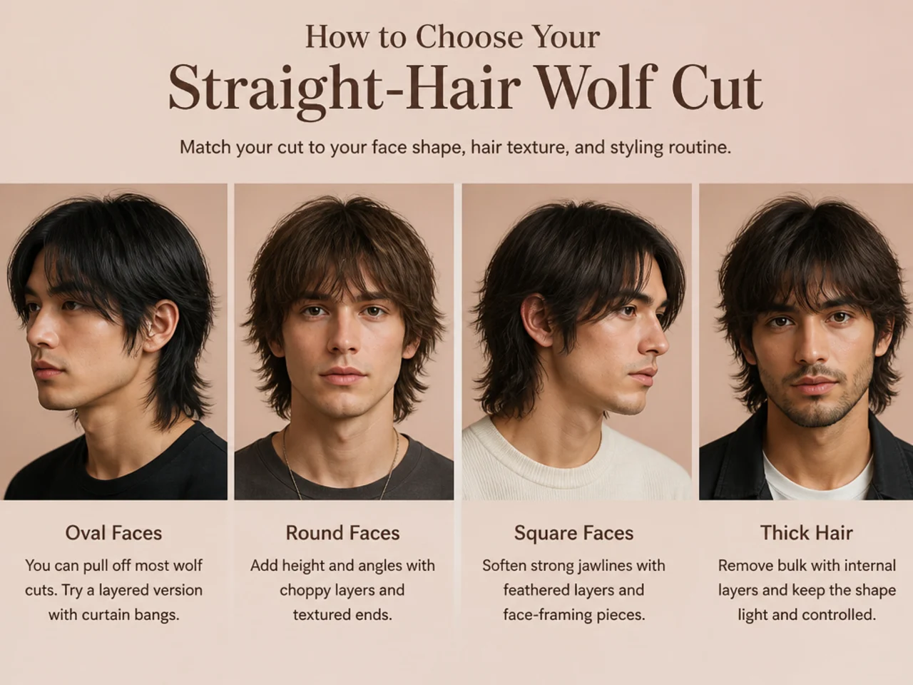 Three young men shown side by side wearing short, medium, and long wolf cut variations on straight hair