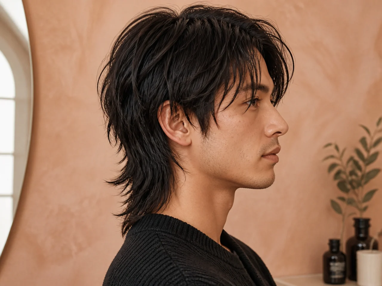 Styling products for a straight-hair wolf cut laid out — sea-salt spray, matte clay, round brush, blow dryer, and finishing spray