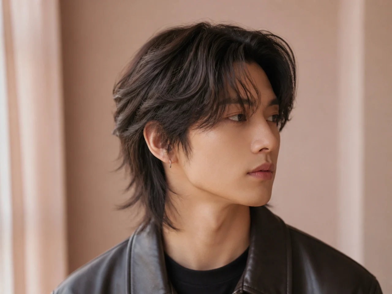 A modern mens wolf cut with blended layers