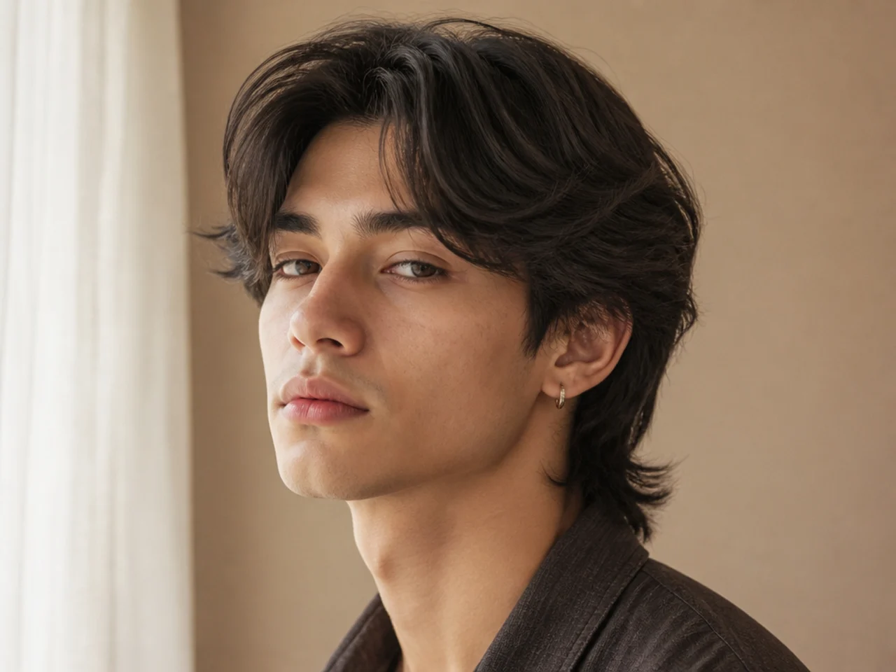 A mens wolf cut with centre split curtain bangs