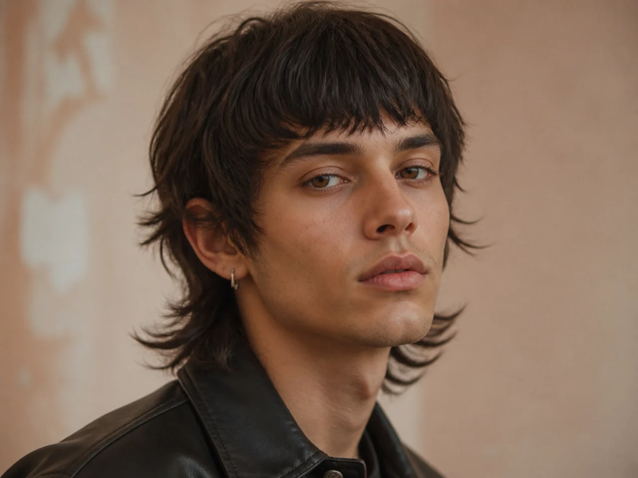 A mens wolf cut with a blunt fringe at the brow