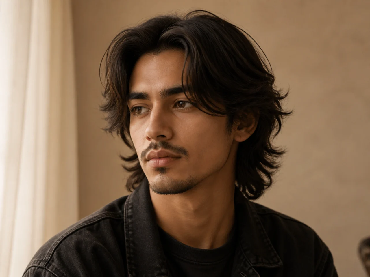A mens wolf cut with a centre parting