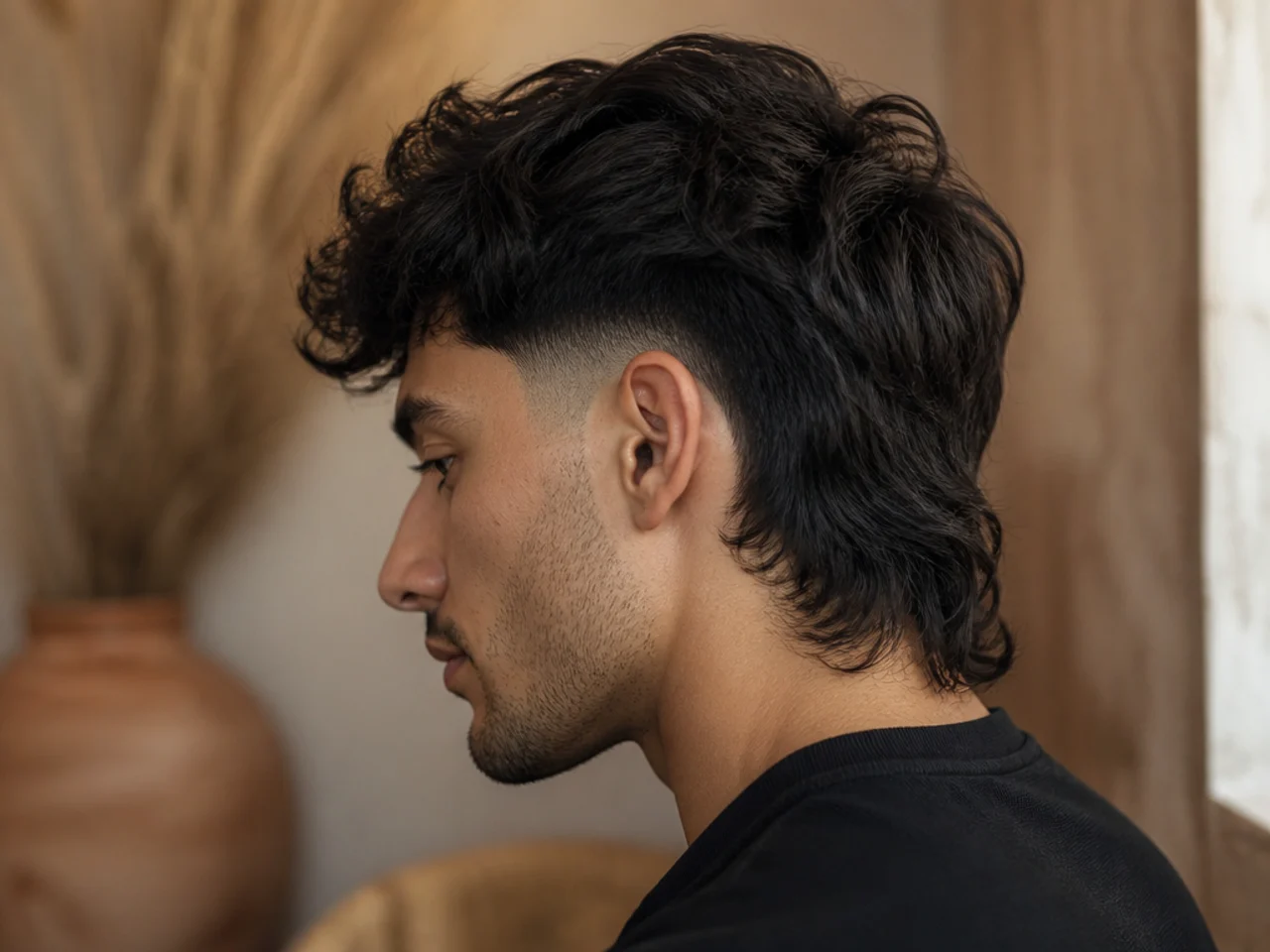 A burst fade curving around the ear on a mens wolf cut