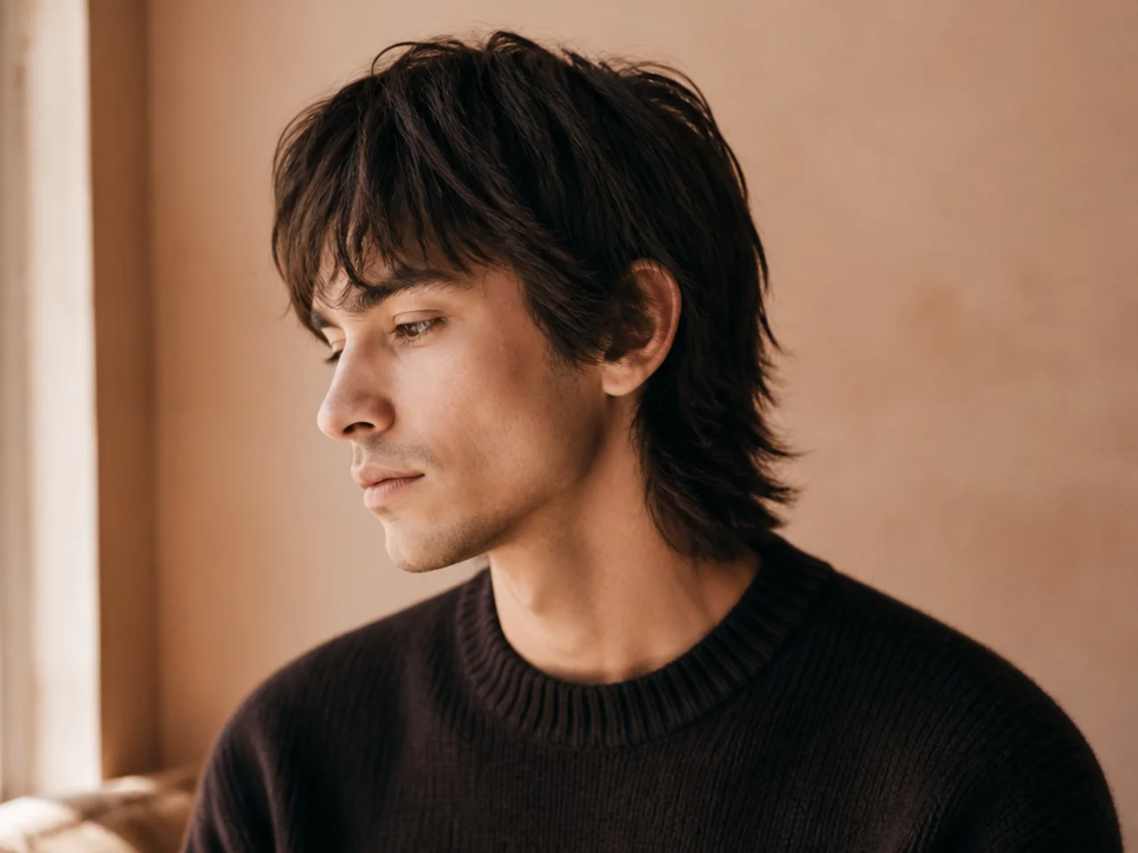 A mens wolf cut on fine hair with a blunt perimeter