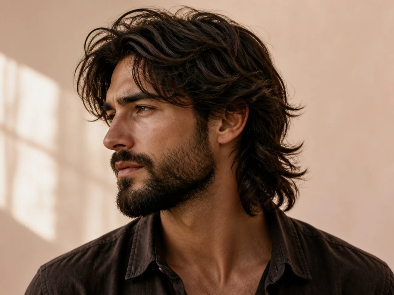 A mens wolf cut worn with a full beard
