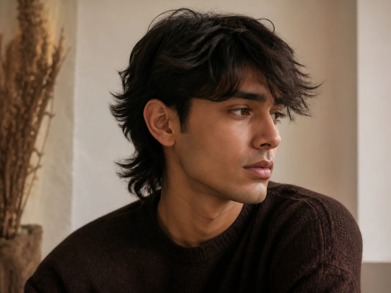 A mens wolf cut with a diagonal side fringe