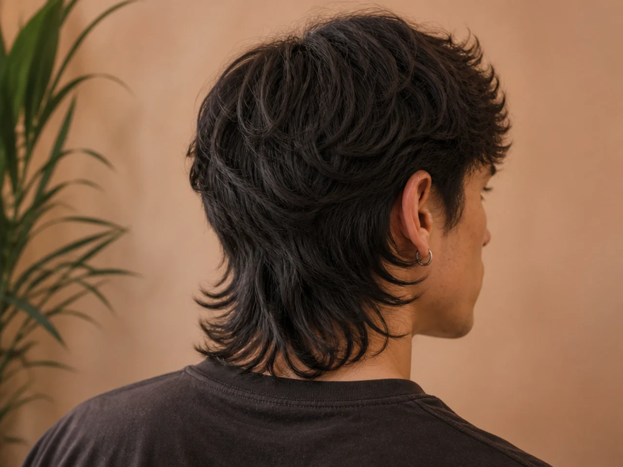 A medium length mens wolf cut at the nape