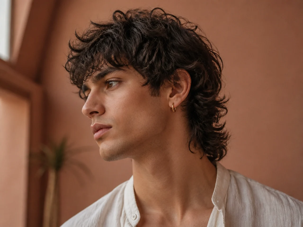 A curly mens wolf cut cut dry