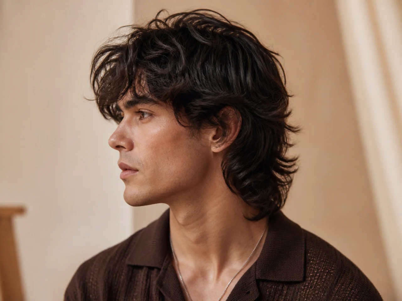 A wavy mens wolf cut with natural separation