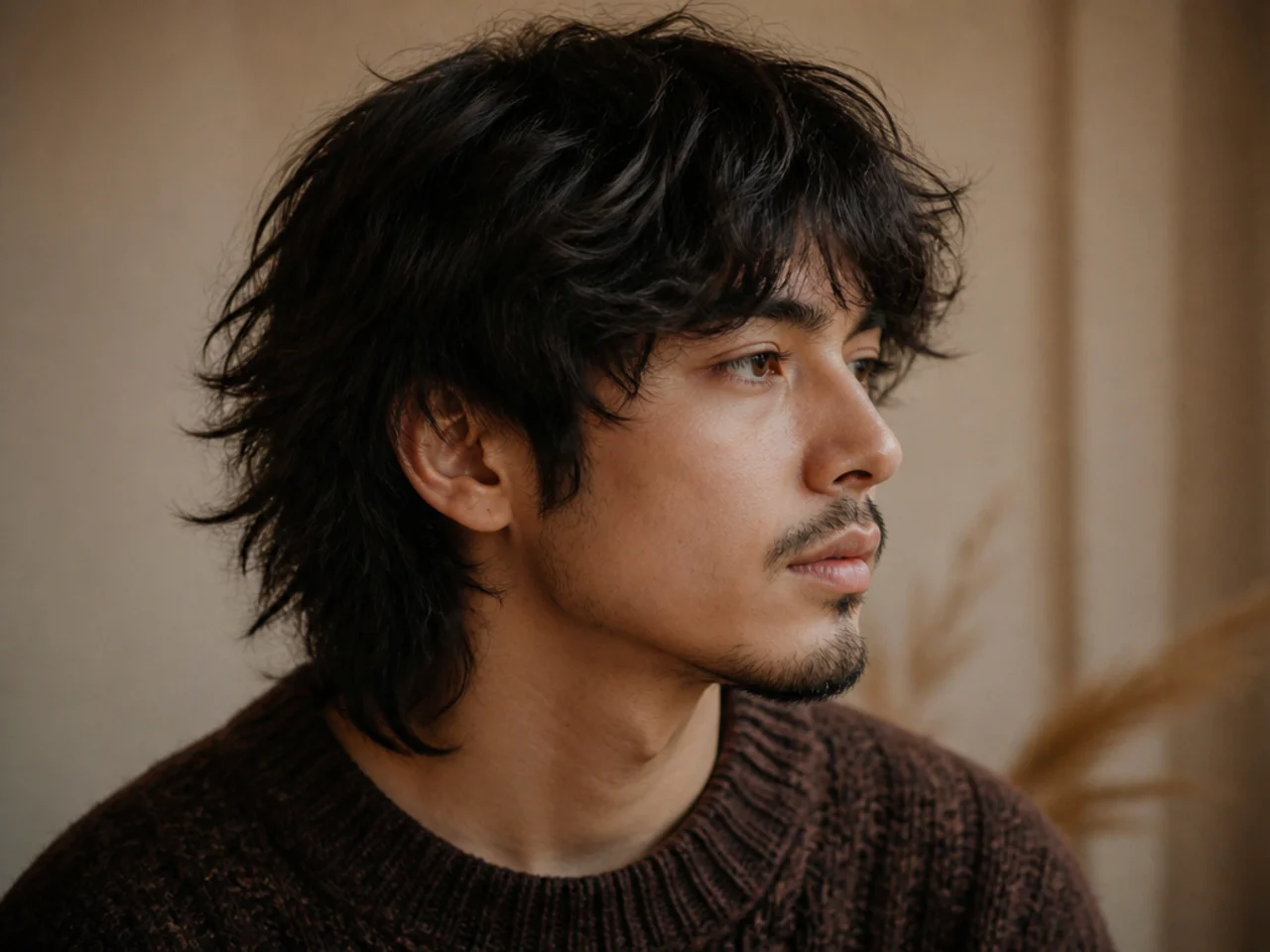 A messy air dried mens wolf cut