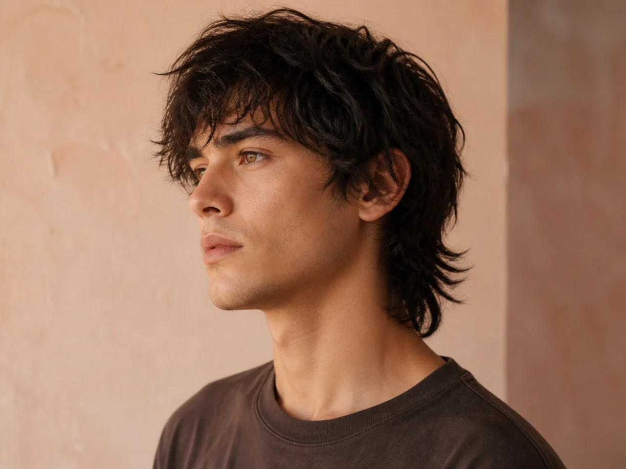 Three quarter view of a mens wolf cut