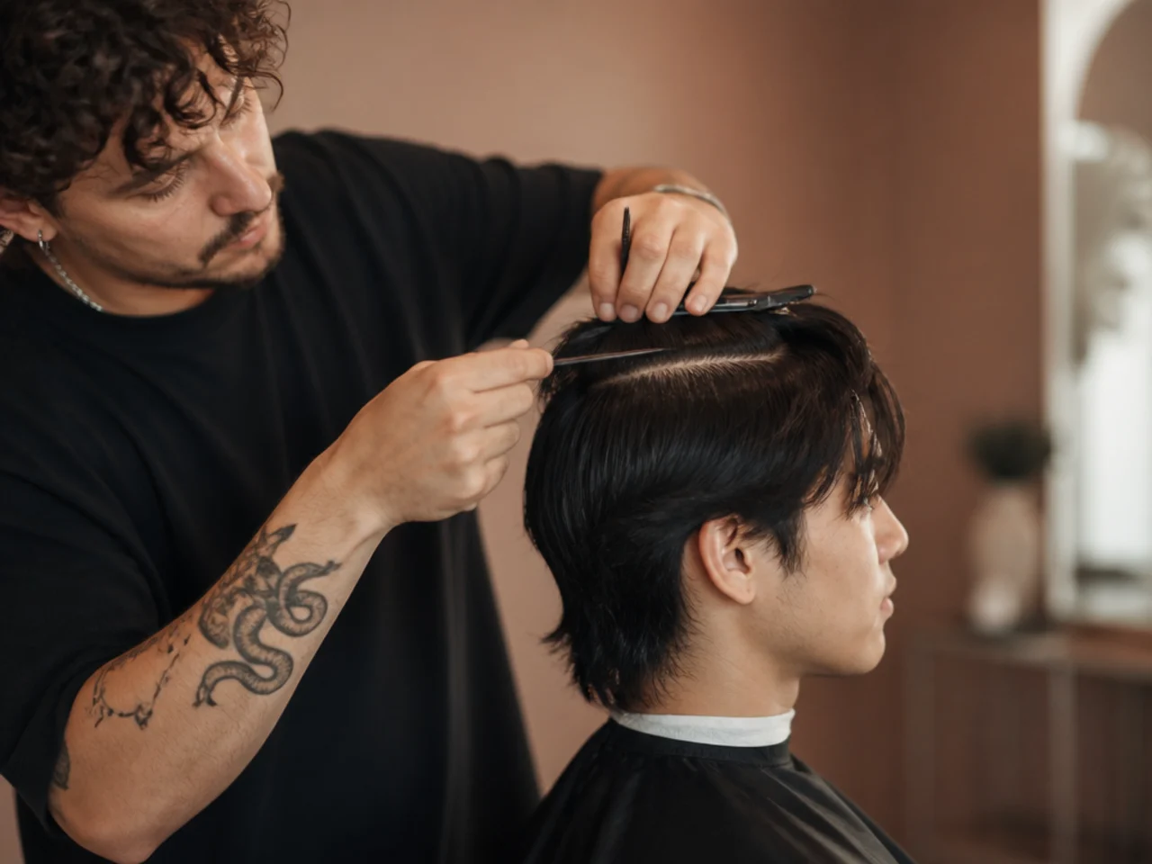 A barber sectioning the crown before cutting a mens wolf cut