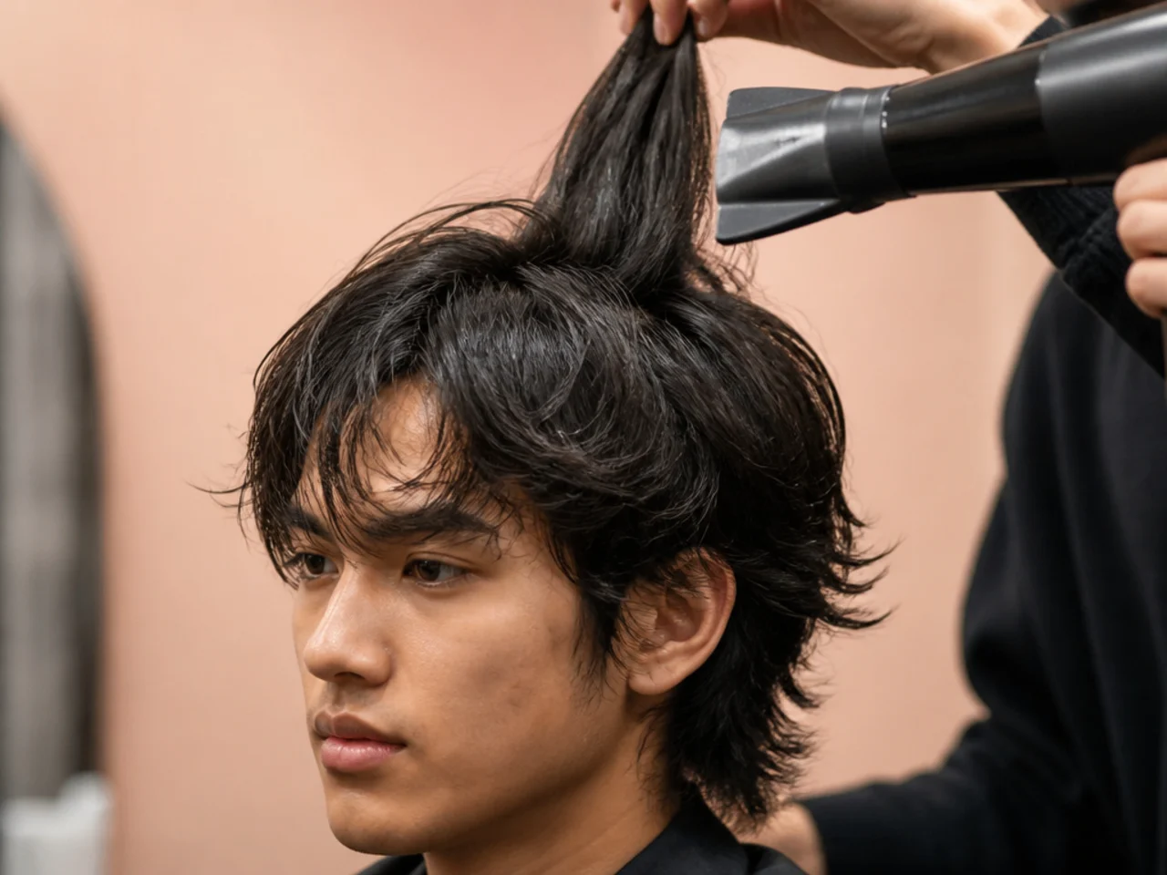 Crown layers being dried upward on a mens wolf cut