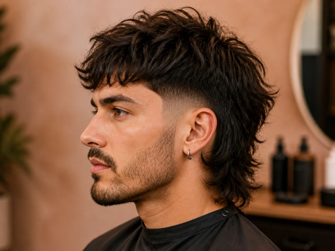 Drop fade wolf cut mullet with fade curving downward behind the ear meeting elongated back length