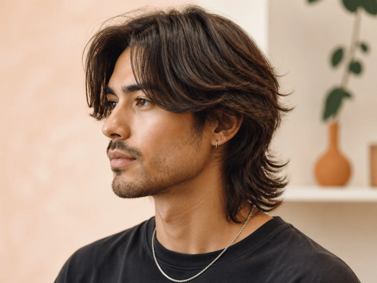Curtain wolf cut mullet with center-parted bangs falling symmetrically to the cheekbones