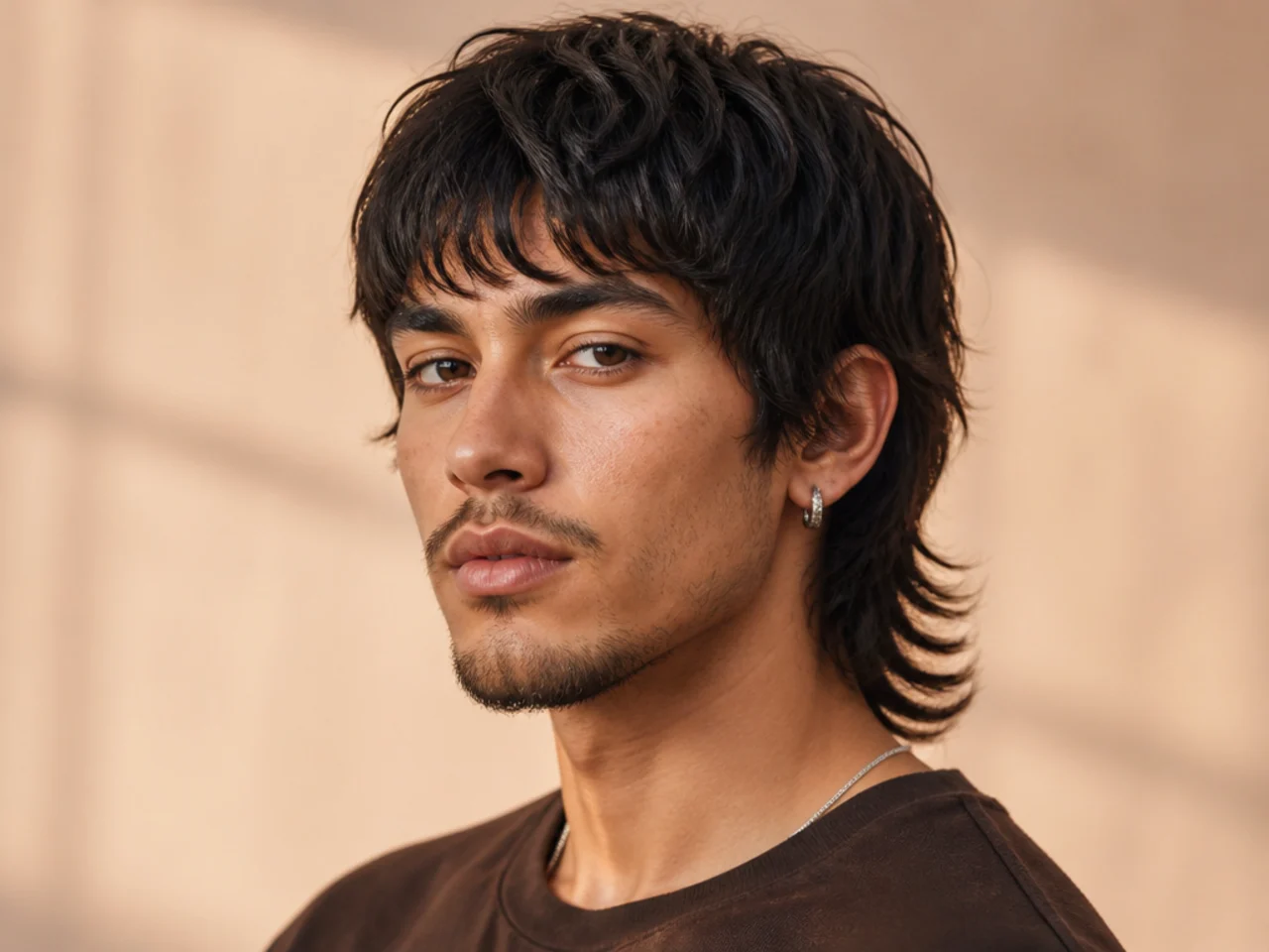 Fringe wolf cut mullet with heavy textured forward fringe across the eyebrows and layered back