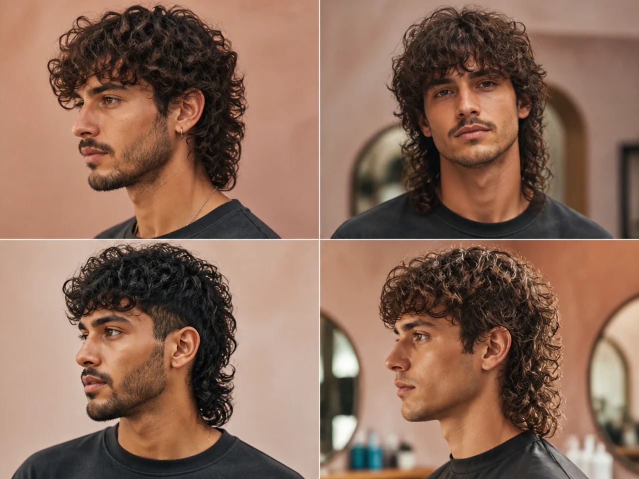 Curly wolf cut mullet with volumetric spirals stacked around the crown and elongated back length