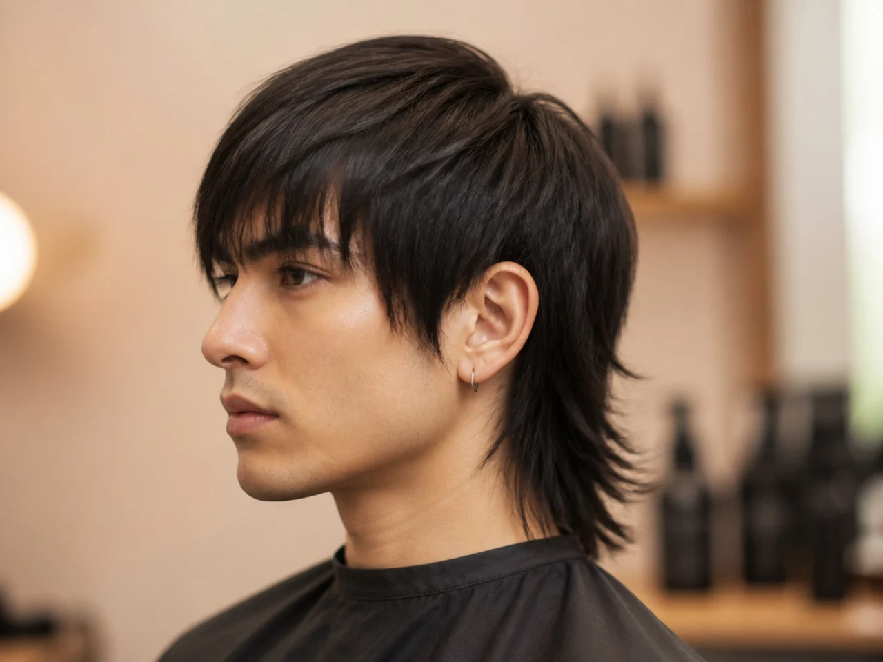 Straight-hair wolf cut mullet with sleek defined layer lines and glossy finish on dark hair