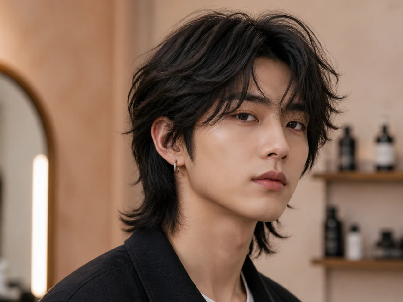 Korean wolf cut mullet on straight black hair with soft curtain bangs and glossy elongated back