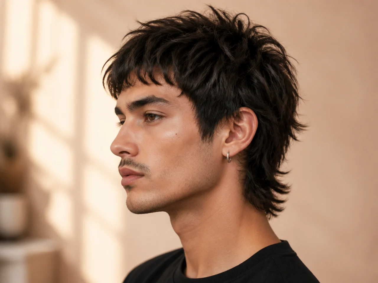 Short wolf cut mullet with cropped crown and compact nape drop on medium brown hair
