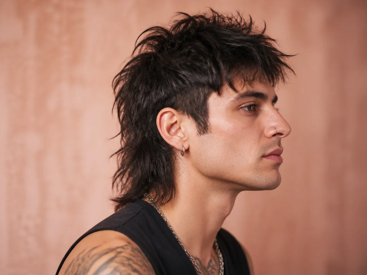 Punk wolf cut mullet with spiky razored top disconnected sides and long choppy back