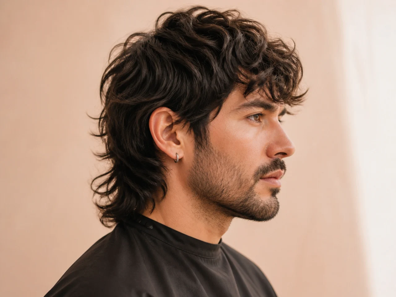 Modern wolf cut mullet with sharper layer transitions and controlled nape length on straight dark hair