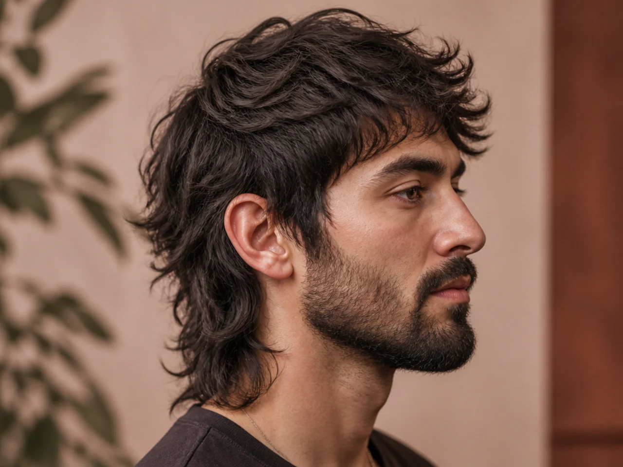 Wolf cut mullet paired with a full beard blending naturally into tapered sideburns