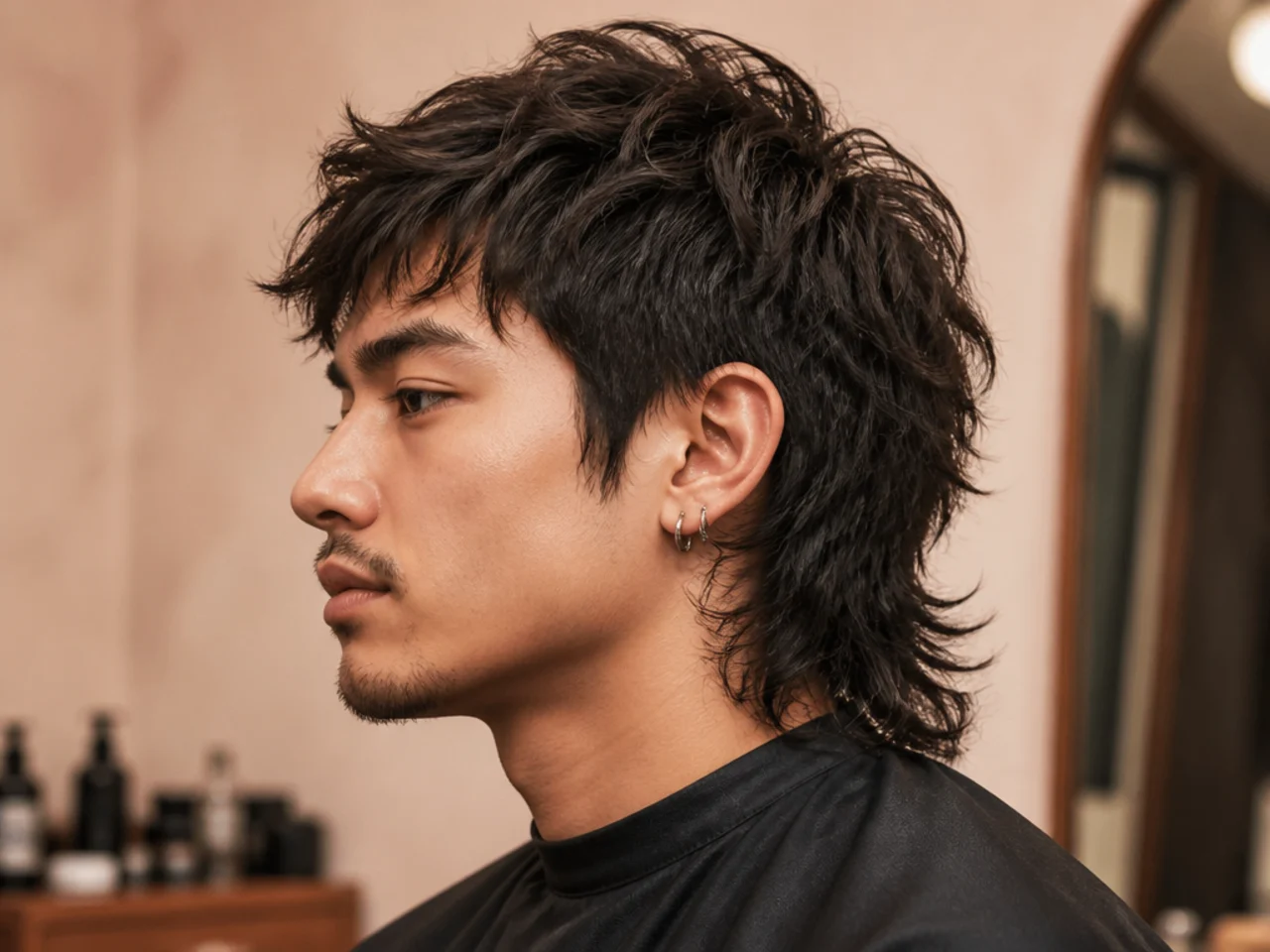 Textured wolf cut mullet with heavy point-cut layers throughout and piecey ends on medium brown hair