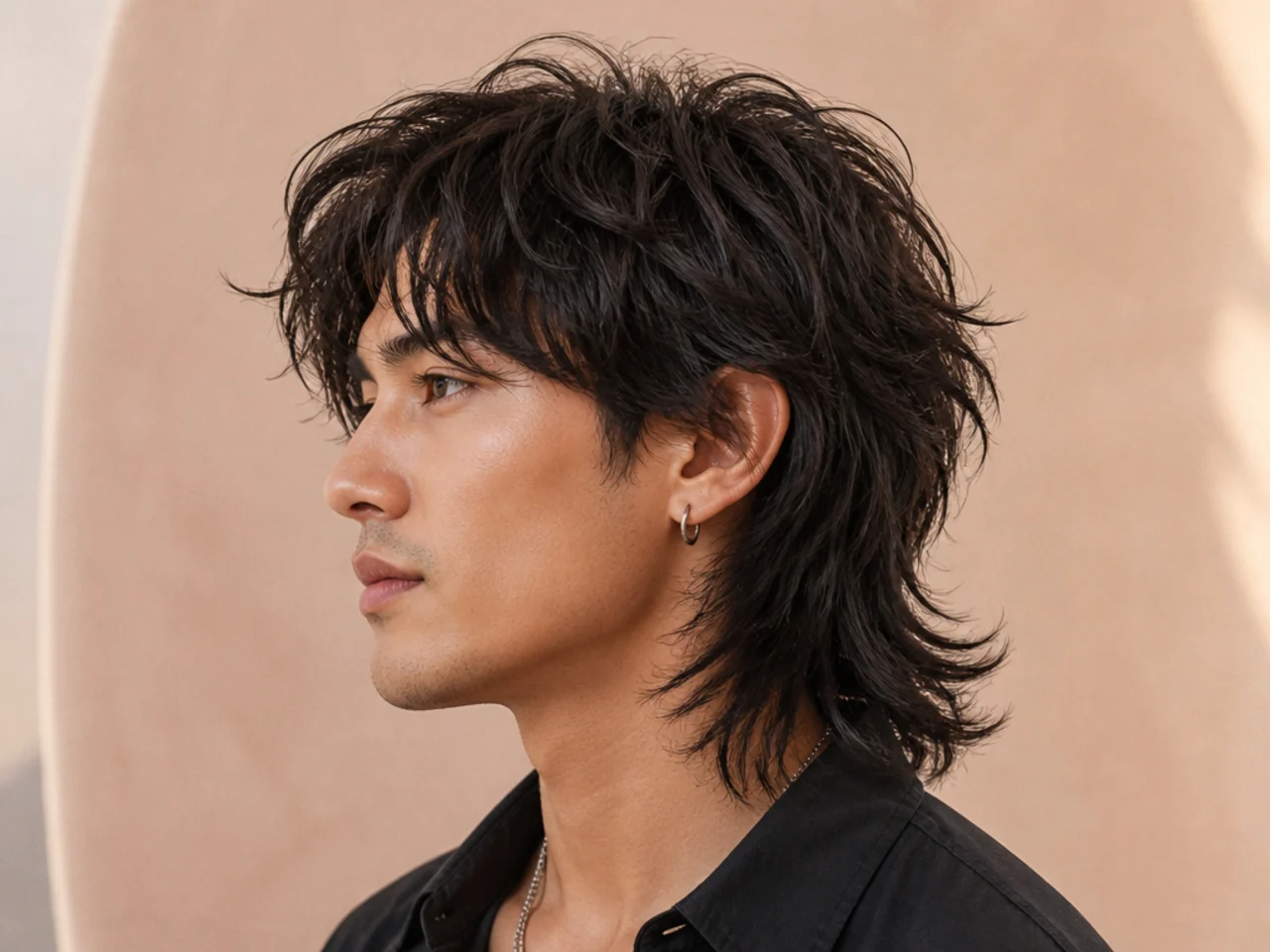 Feathered wolf cut mullet with soft outward-flicking ends and layered fringe on wavy hair