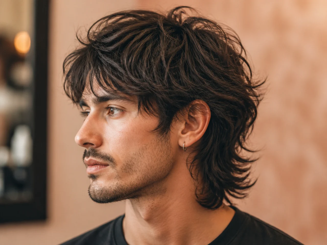 Layered wolf cut mullet showing three defined stacked layer bands through the crown on thick straight hair