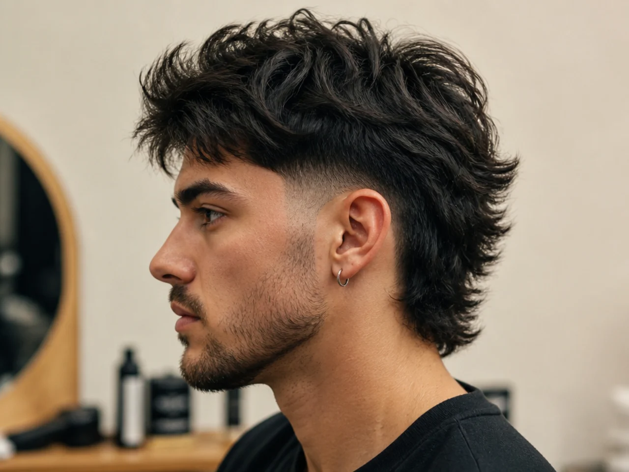 Low fade wolf cut mullet with fade starting just above the ear meeting textured layered top