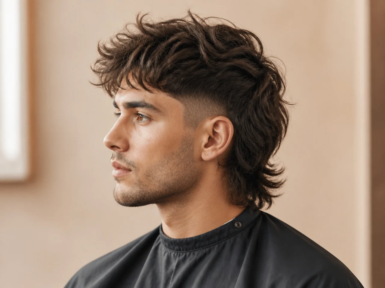 Mid fade wolf cut mullet with fade at the temple meeting layered top and elongated back