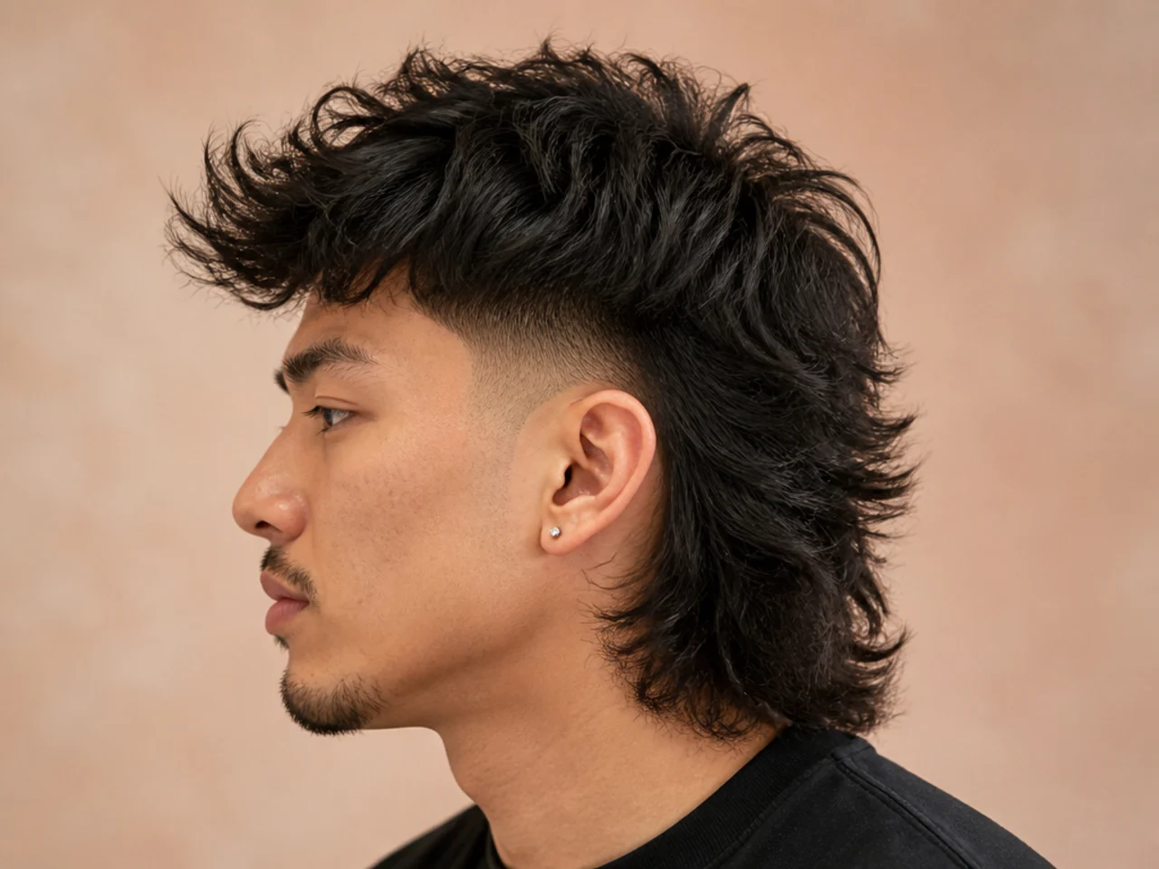 Burst fade wolf cut mullet with semicircular fade curving around the ear meeting layered length