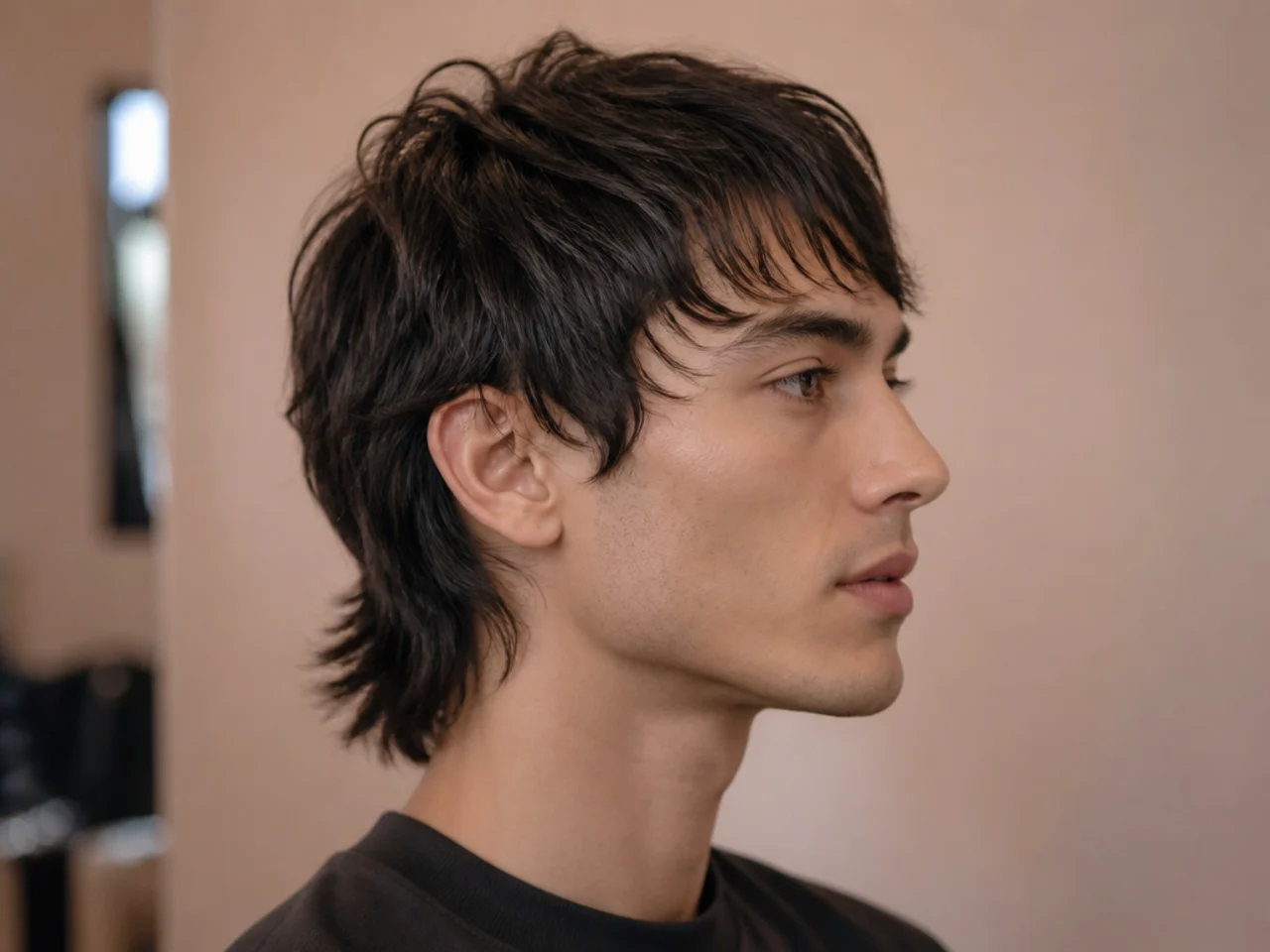 Wolf cut mullet on a young man with fine hair showing dense internal layering for volume