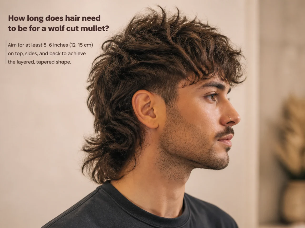 Man measuring hair length in front of a barbershop mirror to check for wolf cut mullet minimum length