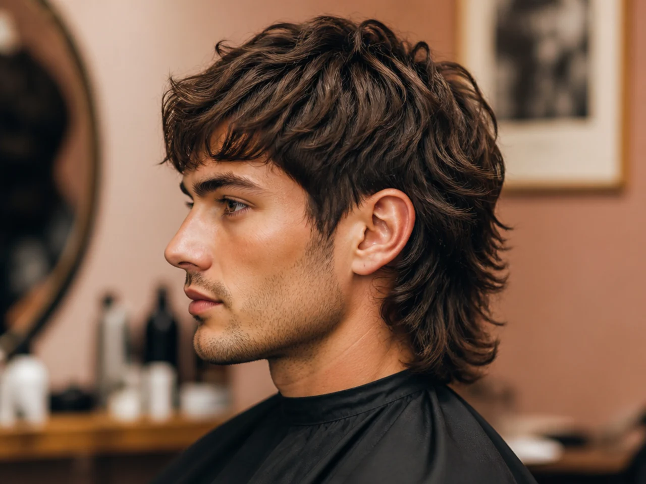 Barber consultation with a client showing wolf cut mullet reference photos on a phone