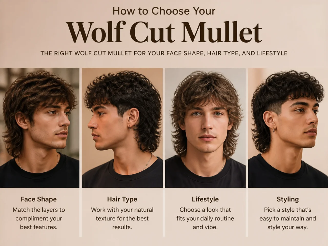 Three men side by side with different wolf cut mullet lengths and side treatments in a barbershop