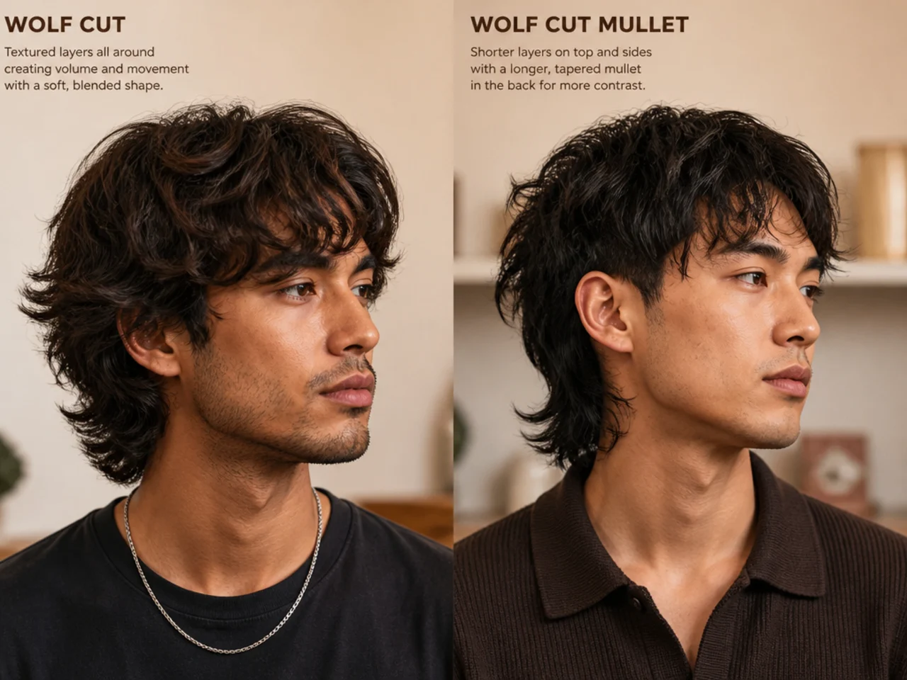 Side-by-side comparison of a wolf cut and a wolf cut mullet on two men showing the nape length difference