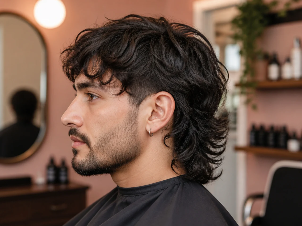 Wolf cut mullet styling products arranged on a warm surface including matte cream sea-salt spray and hairspray